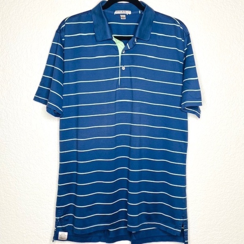 PETER MILLAR Men's Blue Mint Green Striped Jersey Material Polo Shirt Size Large